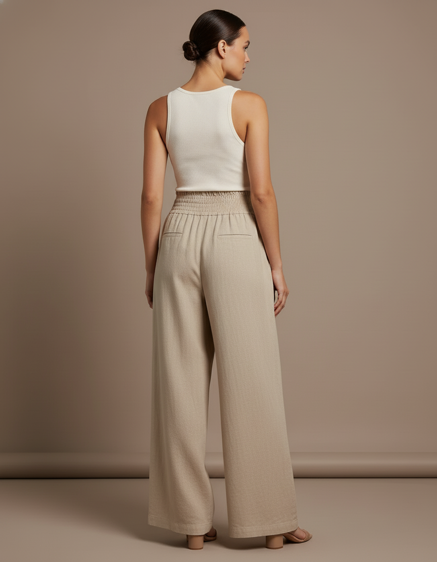 Pantalon Baggy Beige Lin Fluide Taille Haute Élégant - vue 2