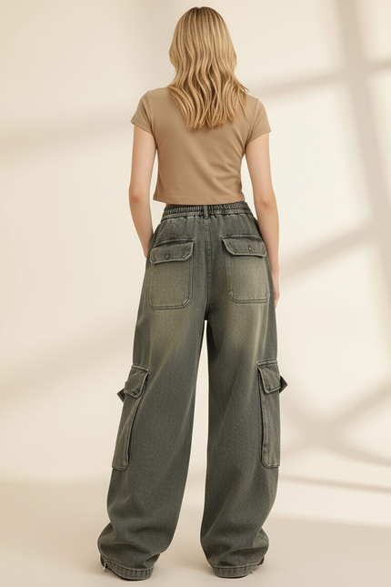 Pantalon Baggy Cargo Délavé Ample Cordon Femme - Kaki Jean - vue 2