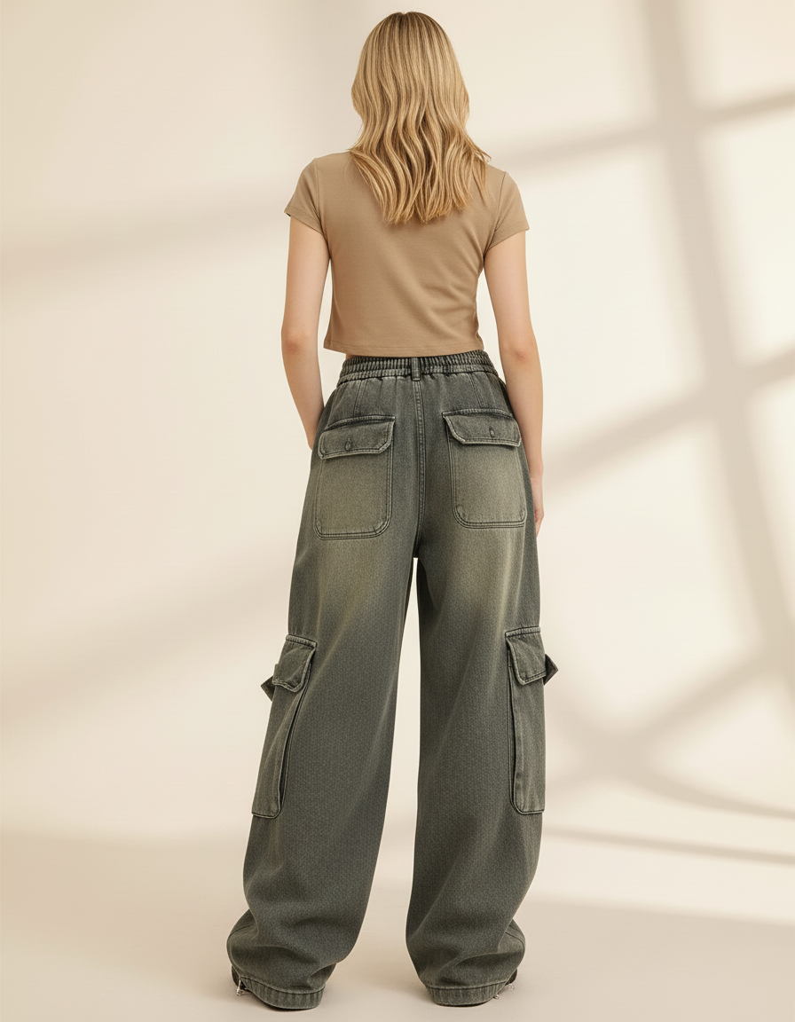 Pantalon Baggy Cargo Délavé Ample Cordon Femme - Kaki Jean - vue 2