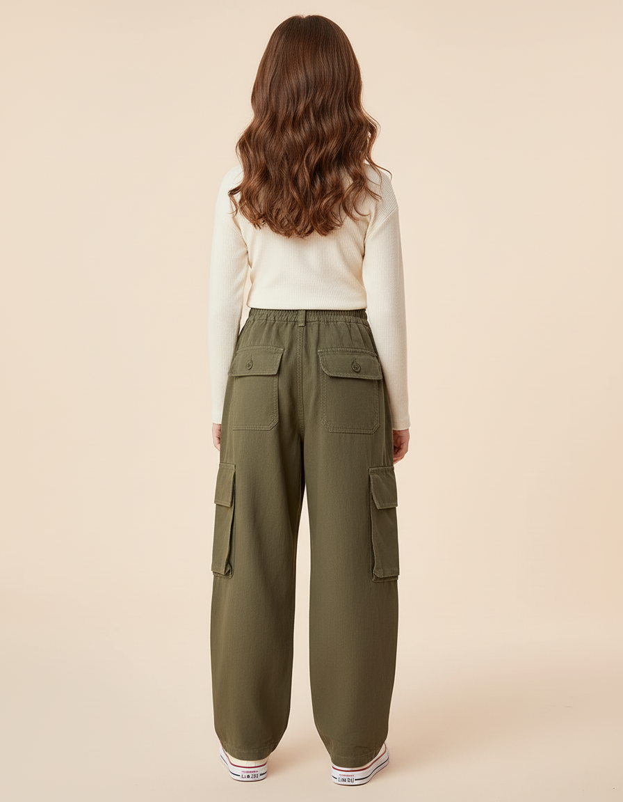 Pantalon Baggy Vert Kaki Ample Décontracté Cargo Enfant - Toile - vue 2