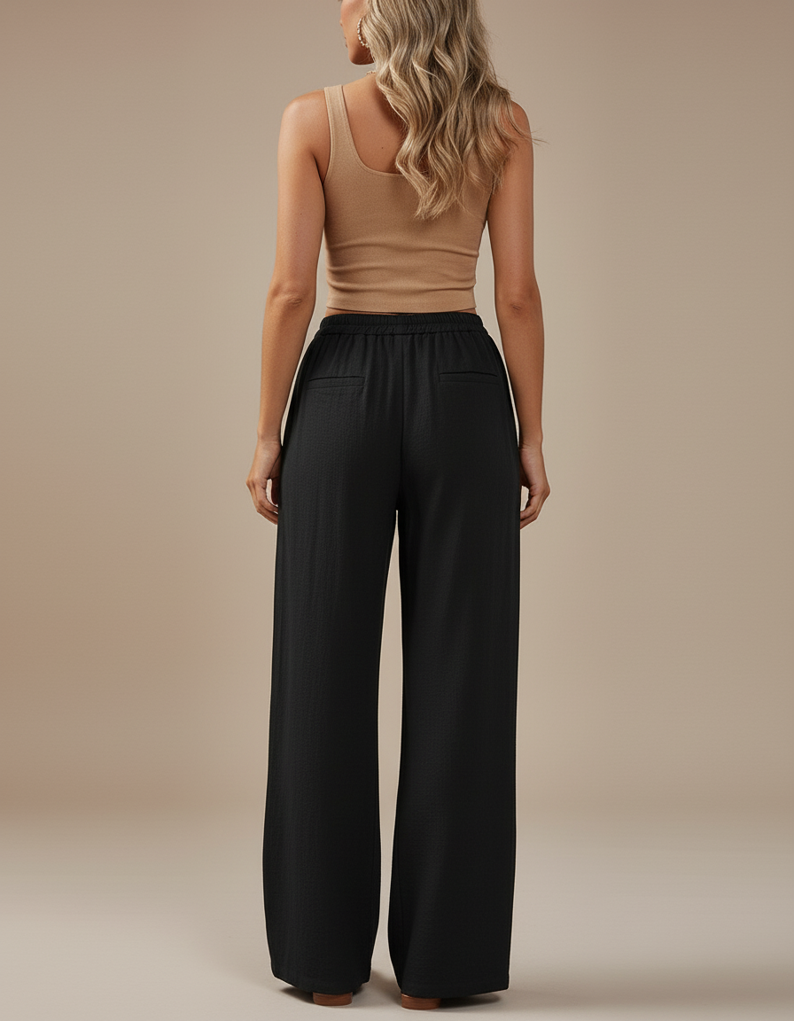 Pantalon Baggy Noir Fluide Cordon Décontracté Femme - Viscose - vue 2