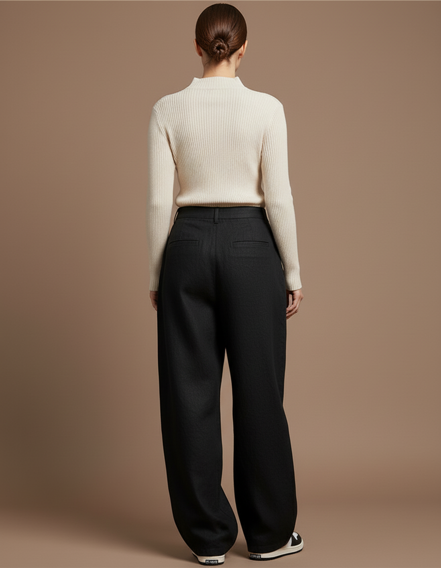 Pantalon Baggy Noir Ample Taille Haute Décontracté - Lin - vue 2