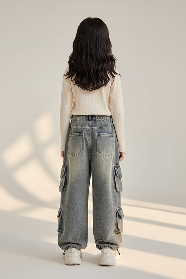 Pantalon Baggy Denim Gris Cargo Enfant Ample - Jean - vue 2