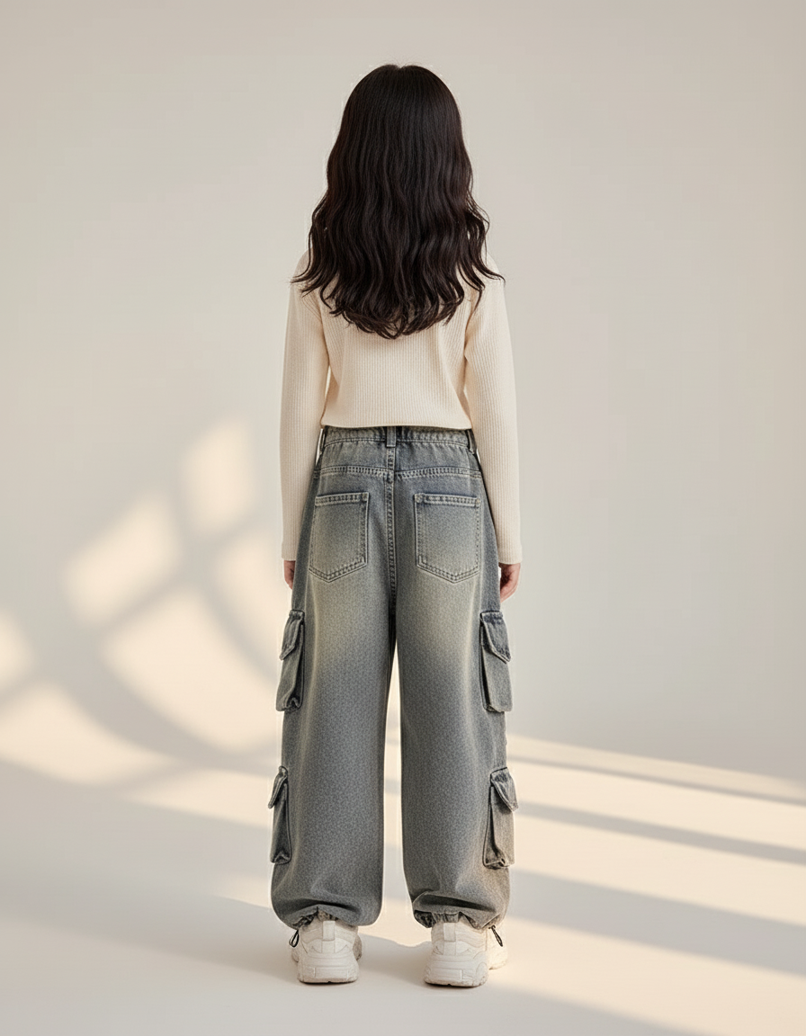 Pantalon Baggy Denim Gris Cargo Enfant Ample - Jean - vue 2