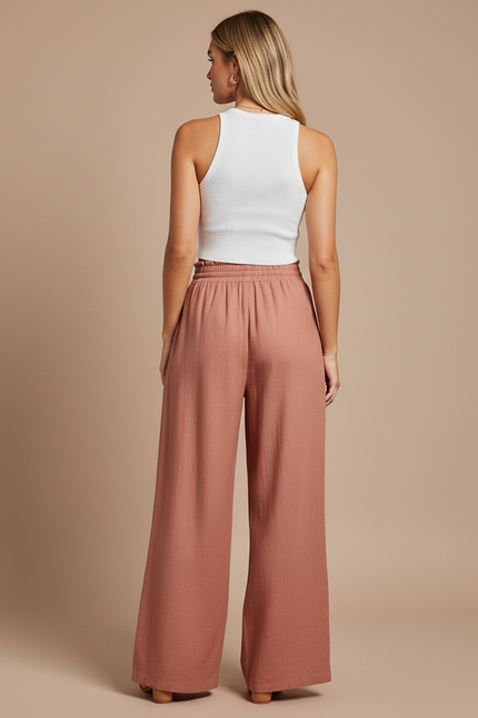 Pantalon Baggy Rose Fluide Ample Taille Haute - Lin - vue 2