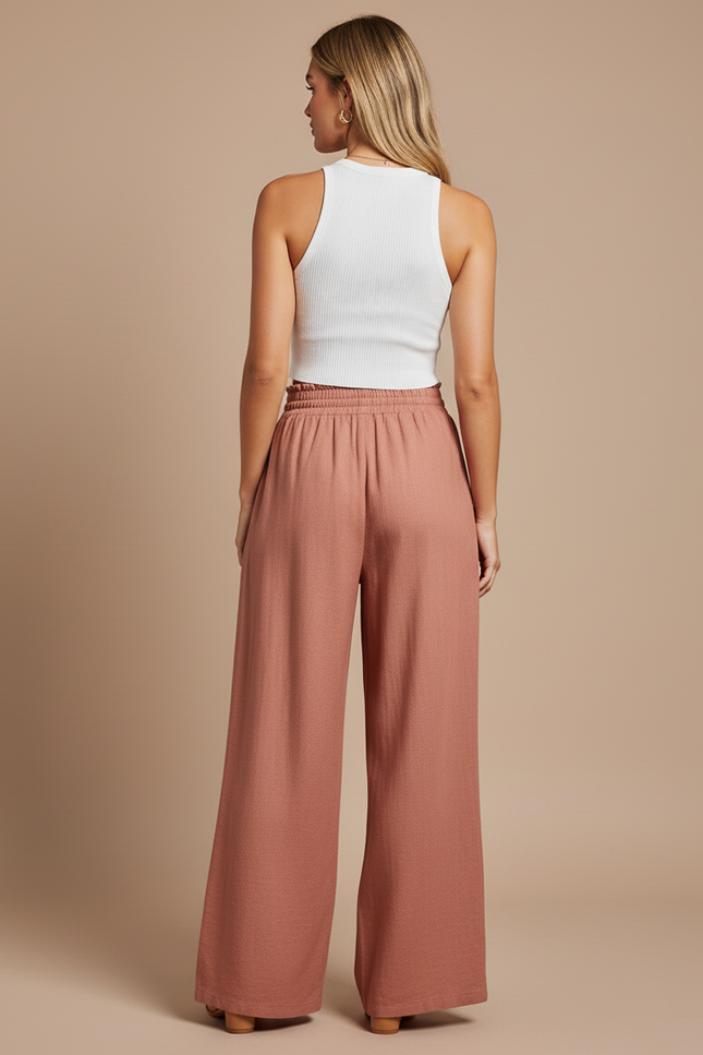 Pantalon Baggy Rose Fluide Ample Taille Haute - Lin - vue 2