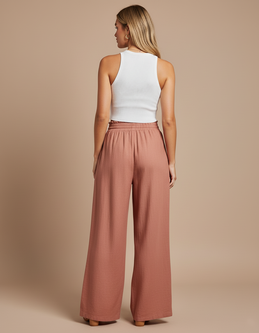 Pantalon Baggy Rose Fluide Ample Taille Haute - Lin - vue 2