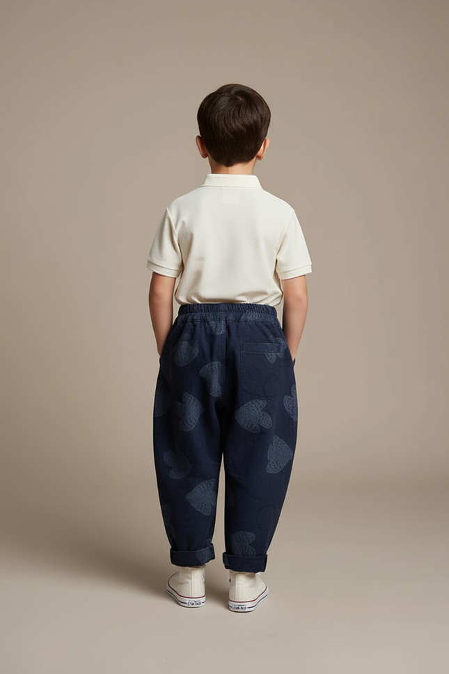 Pantalon Baggy Bleu Marine Ample Coton Motifs Cœurs Enfant - vue 2