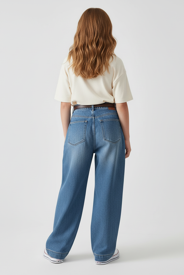 Pantalon Baggy Jean Bleu Plissé Ample Décontracté - vue 2