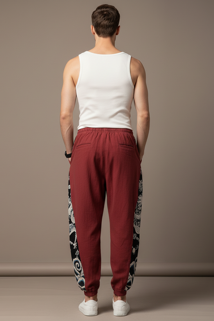 Pantalon Baggy Rouge Coton Lin Dragon Homme - Bordeaux - vue 2