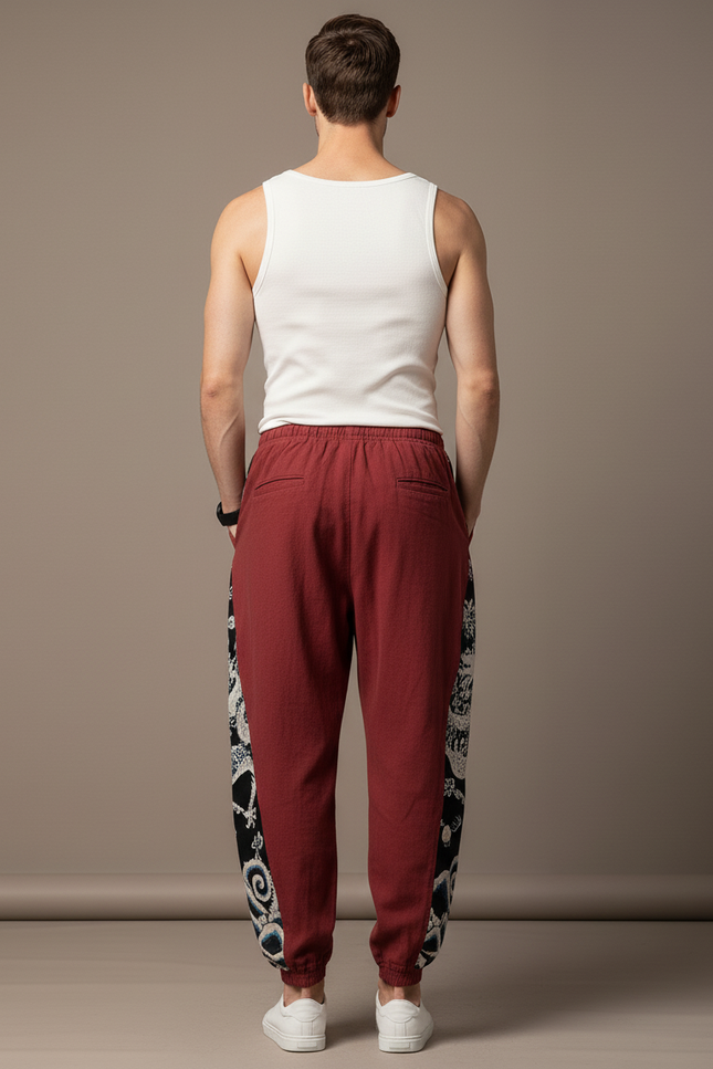 Pantalon Baggy Rouge Coton Lin Dragon Homme - Bordeaux - vue 2