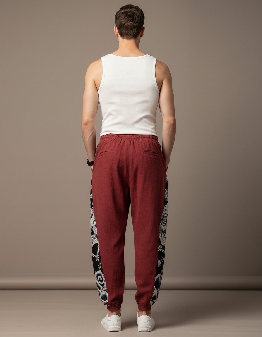 Pantalon Baggy Rouge Coton Lin Dragon Homme - Bordeaux - vue 2