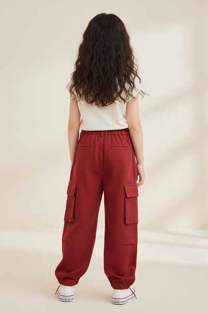 Pantalon Baggy Rouge Cargo Ample Fille Décontracté - Bordeaux Lin - vue 2