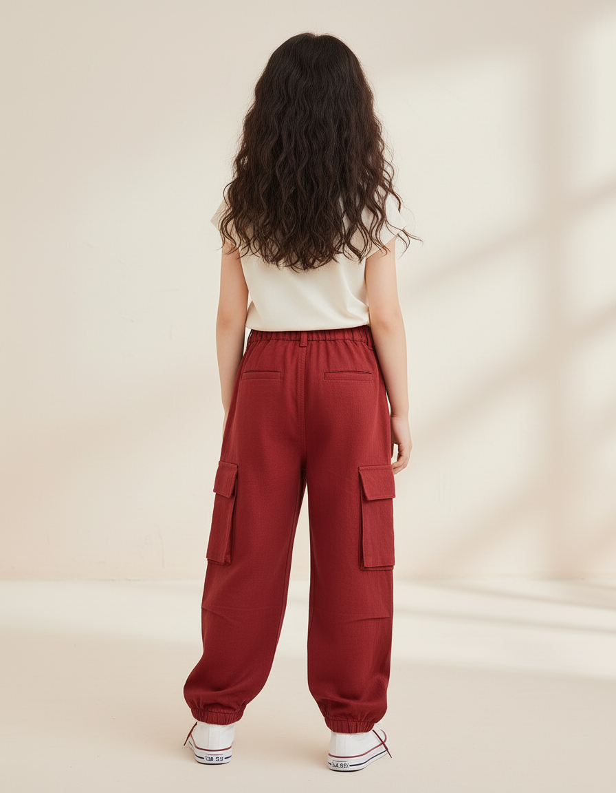 Pantalon Baggy Rouge Cargo Ample Fille Décontracté - Bordeaux Lin - vue 2