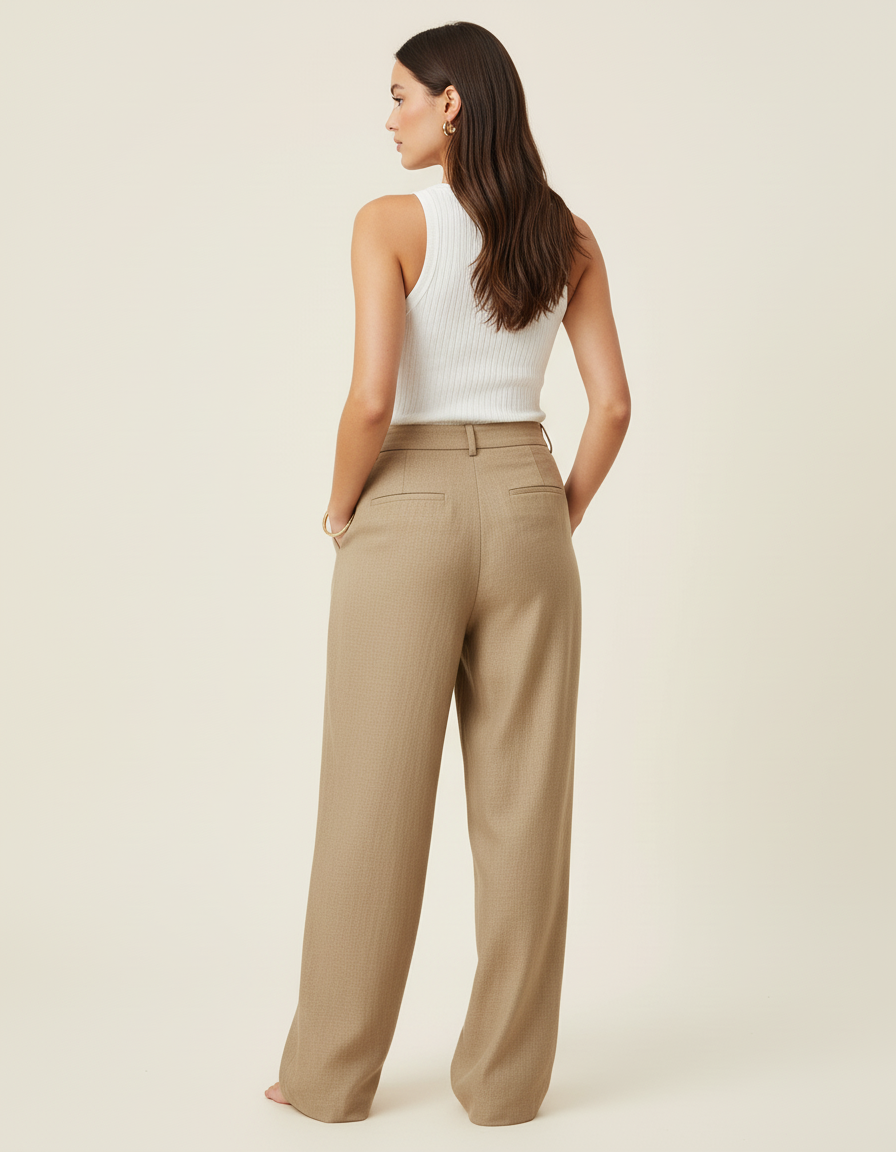 Pantalon Baggy Beige Lin Droit Fluide Élégant - vue 2