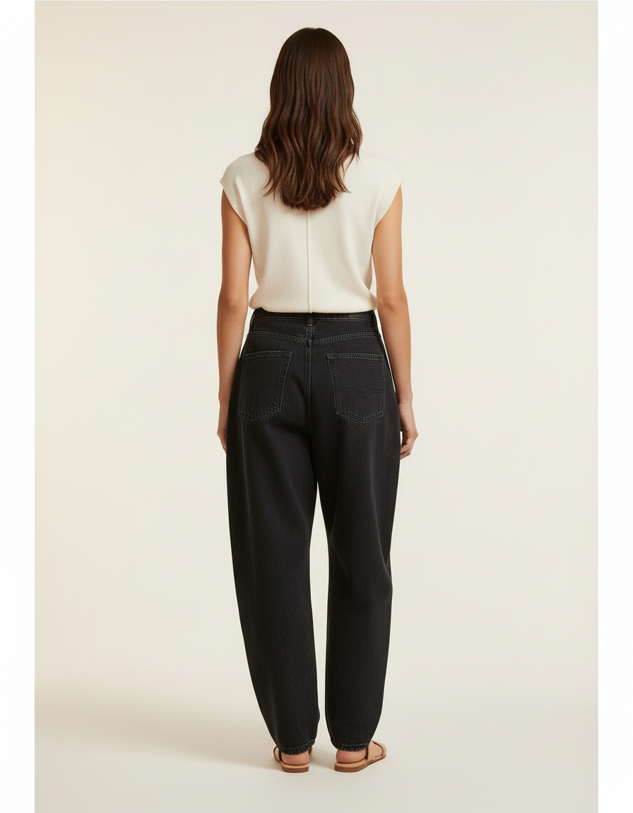 Pantalon Baggy Noir Ample Taille Haute Décontracté Femme - Jean - vue 2