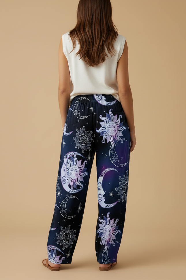 Pantalon Baggy Noir Ample Imprimé Lune Soleil - Viscose - vue 2