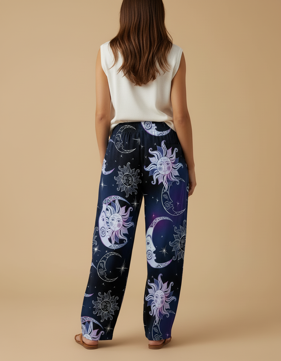 Pantalon Baggy Noir Ample Imprimé Lune Soleil - Viscose - vue 2