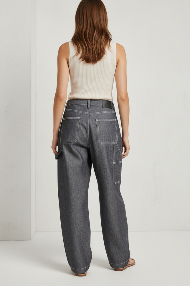 Pantalon Baggy Gris Denim Ample Coutures Blanches Décontracté - Jean - vue 2