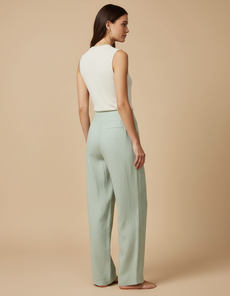 Pantalon Baggy Vert Menthe Lin Ample Fluide Décontracté - vue 2