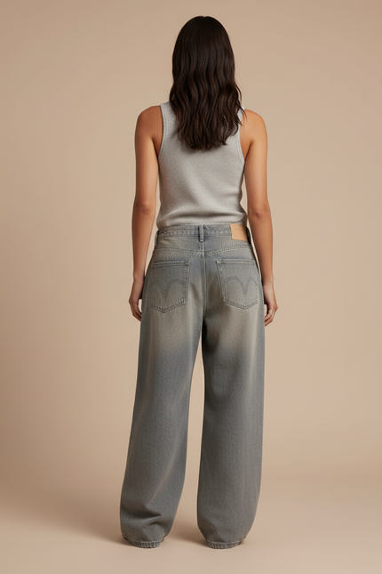 Pantalon Baggy Jean Délavé Motifs Flammes Ample - Bleu - vue 2