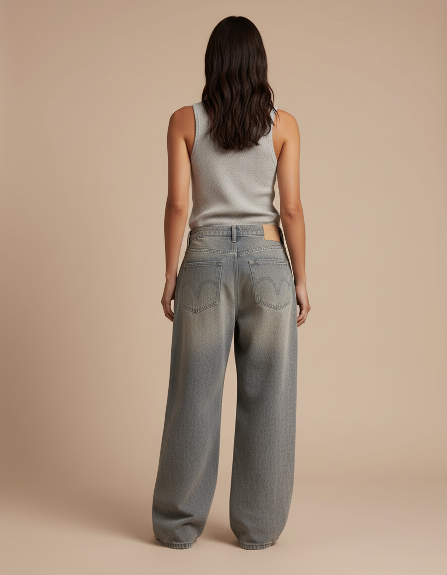 Pantalon Baggy Jean Délavé Motifs Flammes Ample - Bleu - vue 2