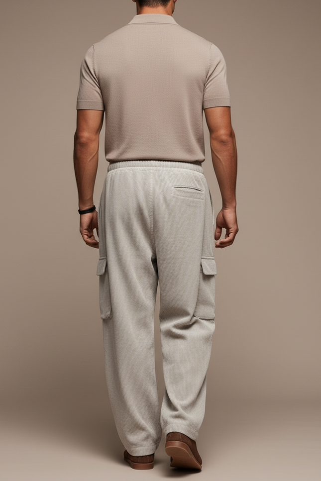 Pantalon Baggy Beige Côtelé Cargo Ample Décontracté Homme - Cordé - vue 2