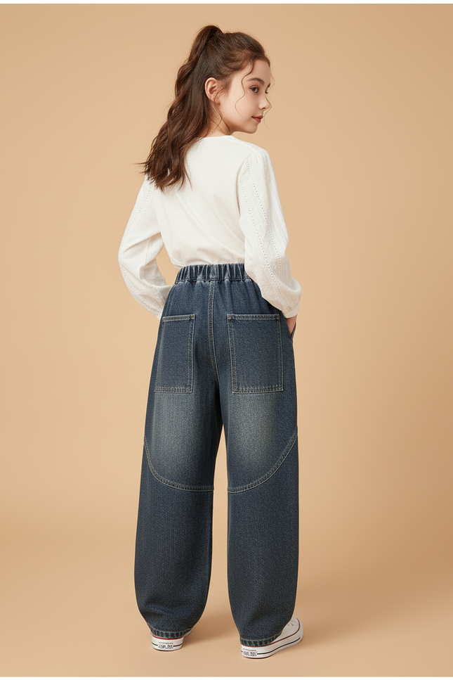 Pantalon Baggy Jean Denim Ample Rétro Fille - Marine - vue 2