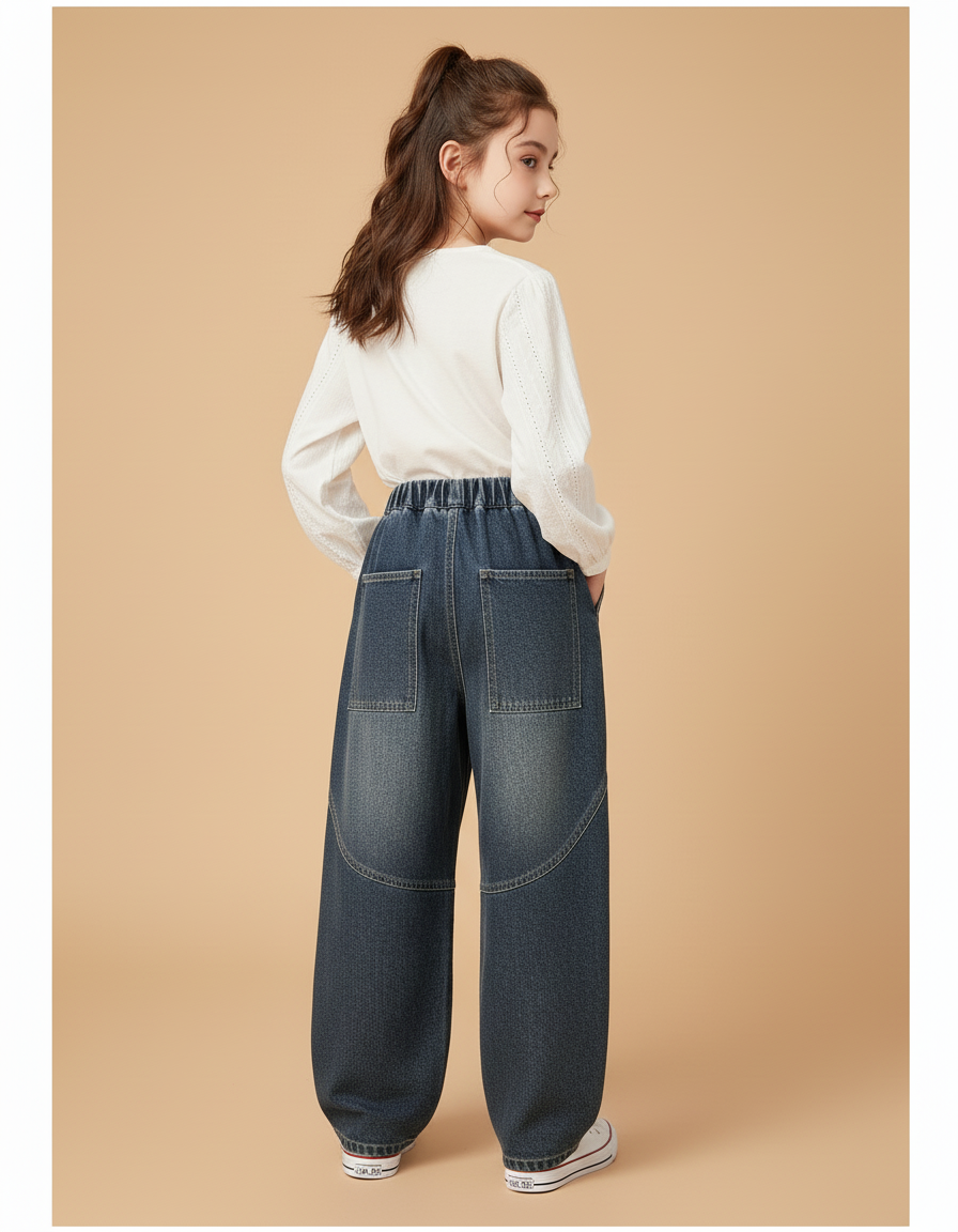 Pantalon Baggy Jean Denim Ample Rétro Fille - Marine - vue 2