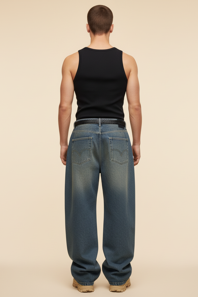 Pantalon Baggy Denim Bleu Ample Délavé Homme - Jean - vue 2