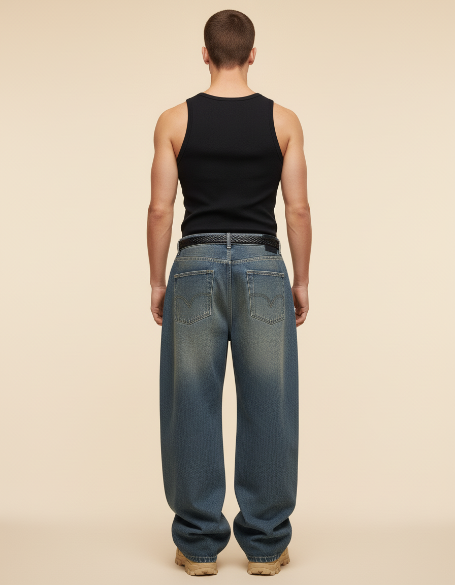 Pantalon Baggy Denim Bleu Ample Délavé Homme - Jean - vue 2