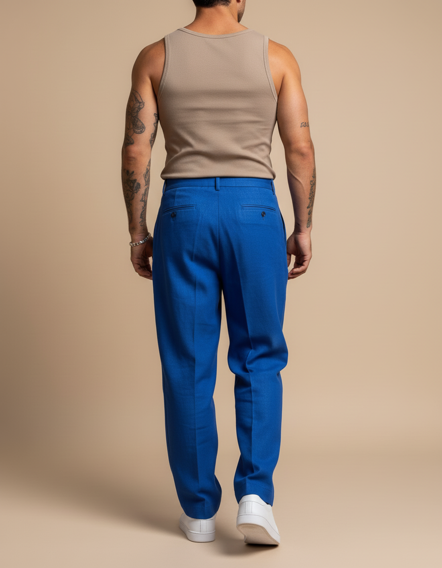 Pantalon Baggy Bleu Royal Plissé Ample Homme - Lin - vue 2
