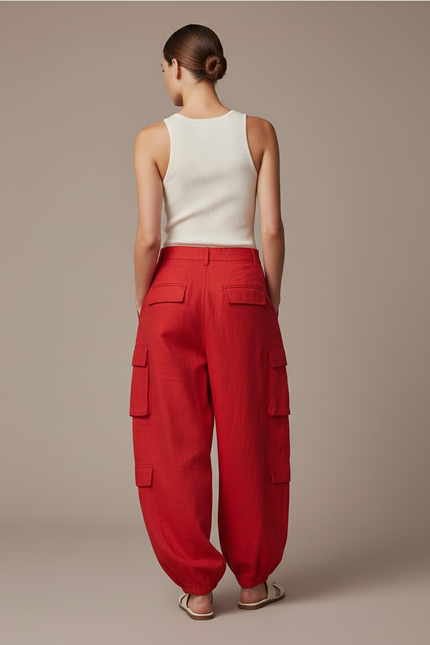 Pantalon Baggy Rouge Cargo Large Lin Femme - vue 2