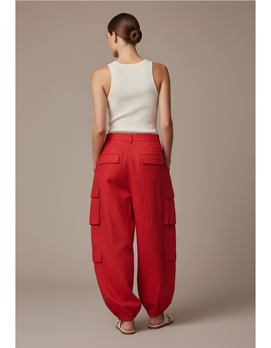 Pantalon Baggy Rouge Cargo Large Lin Femme - vue 2