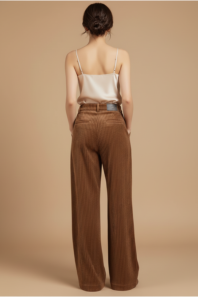 Pantalon Baggy Marron Velours Côtelé Taille Haute Ample - Cordé - vue 2