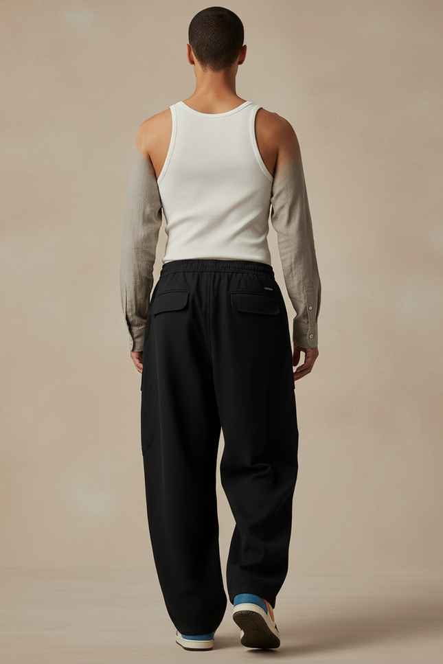 Pantalon Baggy Noir Ample Cargo Cordon Décontracté - Toile - vue 2