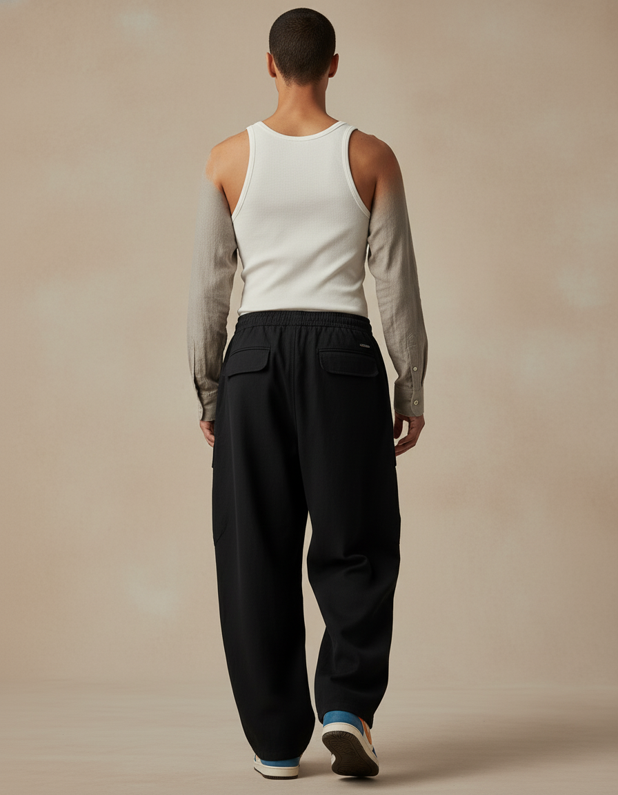 Pantalon Baggy Noir Ample Cargo Cordon Décontracté - Toile - vue 2