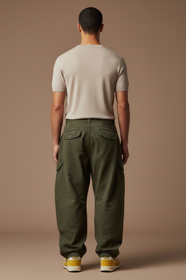 Pantalon Baggy Cargo Vert Ample Vintage Homme - Kaki Toile - vue 2