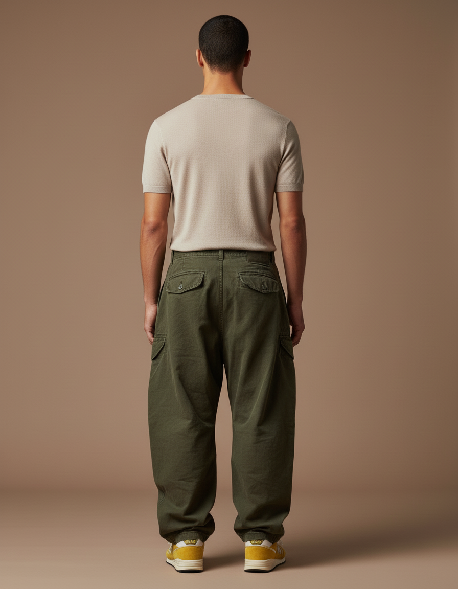 Pantalon Baggy Cargo Vert Ample Vintage Homme - Kaki Toile - vue 2