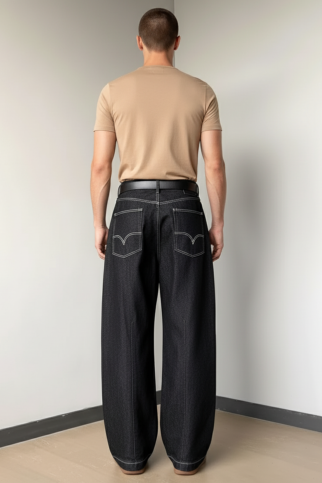 Pantalon Baggy Denim Noir Plissé Ample Streetwear - Jean - vue 2