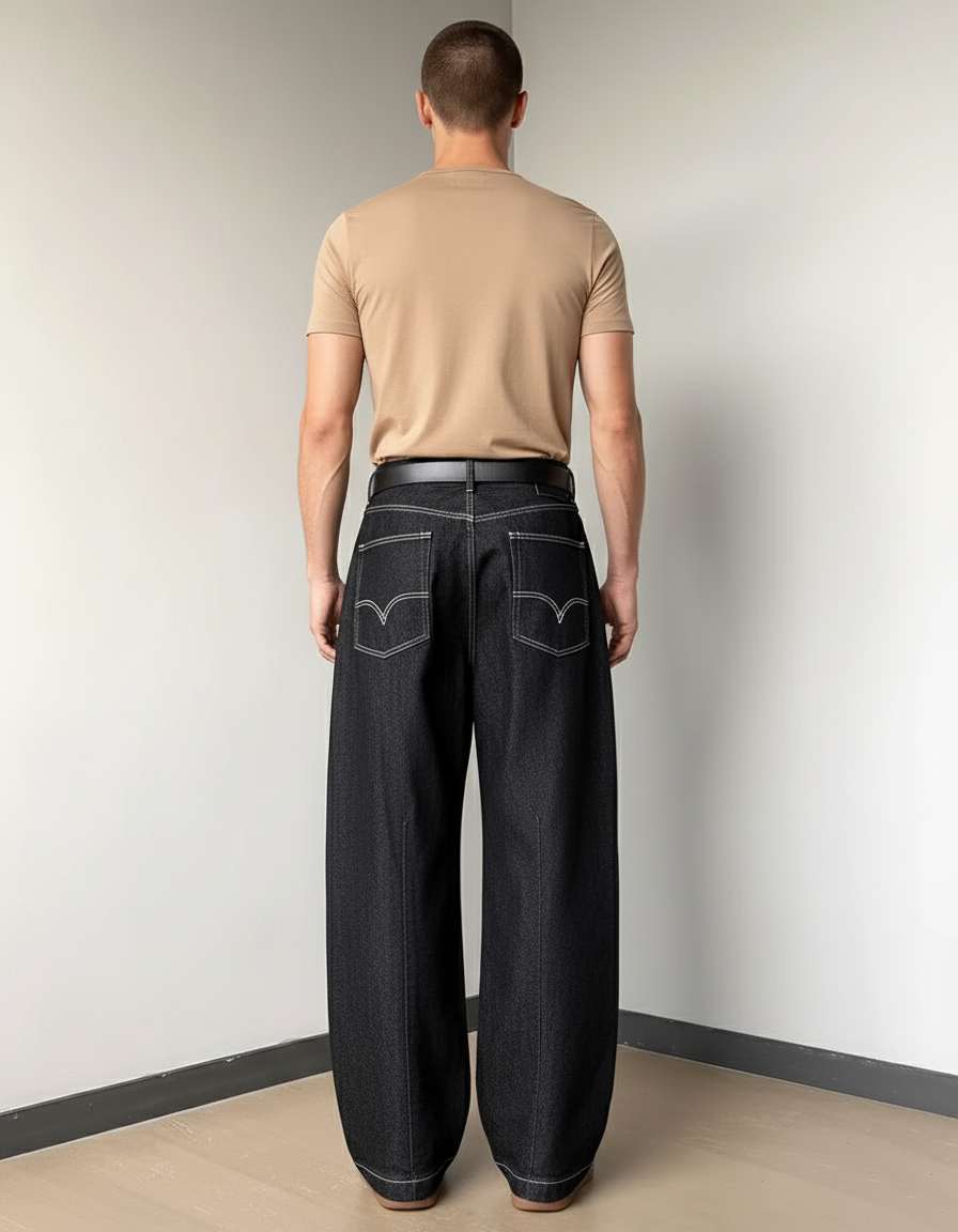 Pantalon Baggy Denim Noir Plissé Ample Streetwear - Jean - vue 2