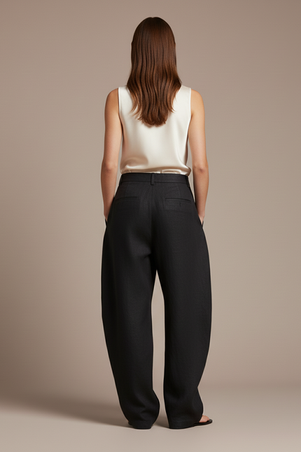 Pantalon Baggy Femme Noir Taille Haute - Lin - vue 2