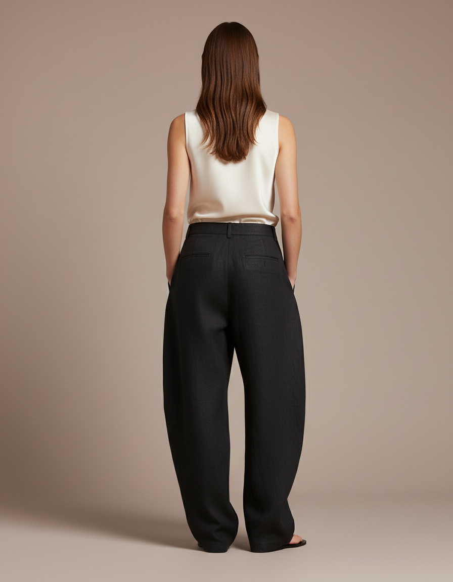 Pantalon Baggy Femme Noir Taille Haute - Lin - vue 2