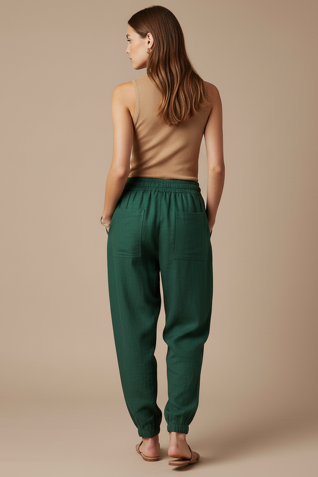 Pantalon Baggy Vert Lin Cordon Ample Décontracté Femme - vue 2