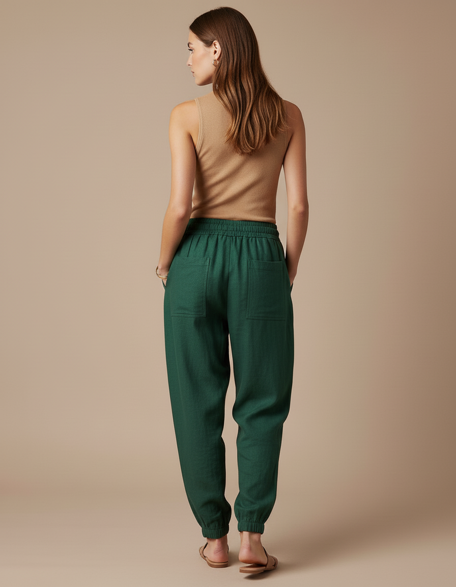 Pantalon Baggy Vert Lin Cordon Ample Décontracté Femme - vue 2