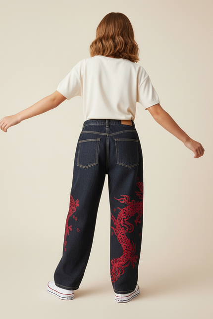 Pantalon Baggy Denim Bleu Marine Ample Imprimé Dragon Rouge - Jean - vue 2