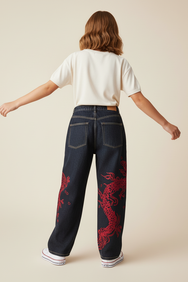 Pantalon Baggy Denim Bleu Marine Ample Imprimé Dragon Rouge - Jean - vue 2