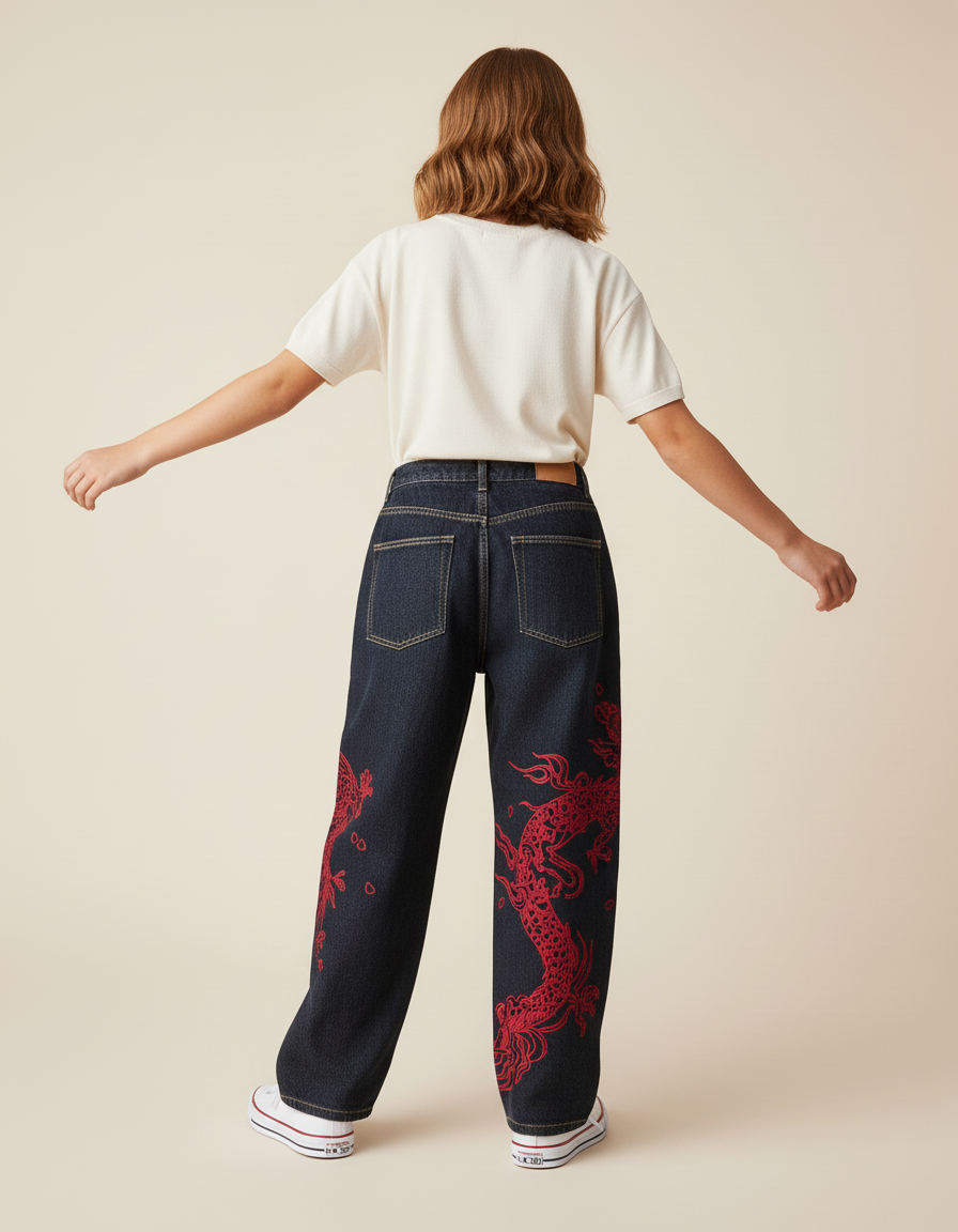 Pantalon Baggy Denim Bleu Marine Ample Imprimé Dragon Rouge - Jean - vue 2