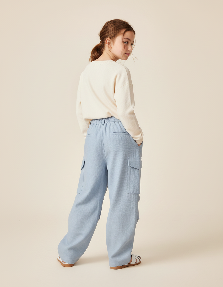 Pantalon Baggy Bleu Clair Ample Cargo Enfant - Lin - vue 2