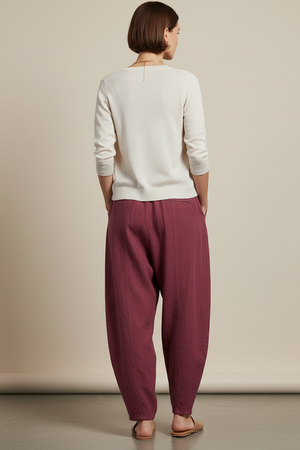 Pantalon Baggy Bordeaux Ample Lin Fluide Femme - vue 2